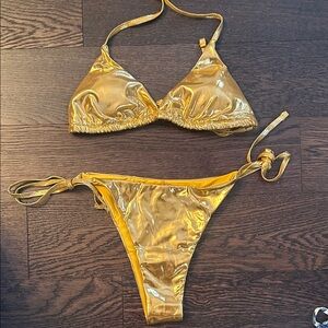 NWT Fashion Nova Shiny Gold Bikini Set Size M